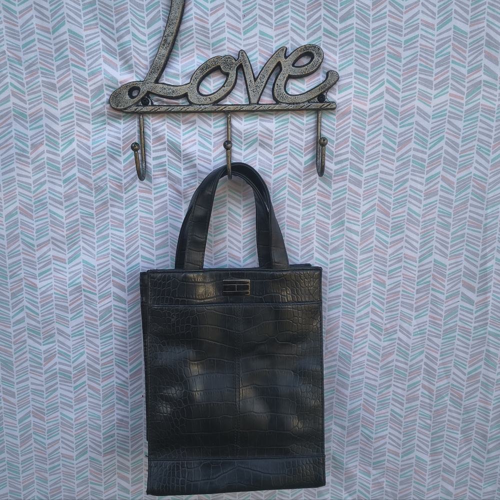 Tommy Hilfiger Deep Black Crocodile-Embossed Style Bag Vintage